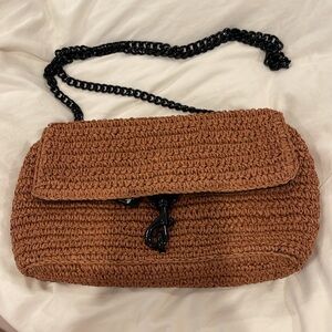Rebecca Minkoff Edie Crochet Raffia Crossbody in Saddle/Black NWT
